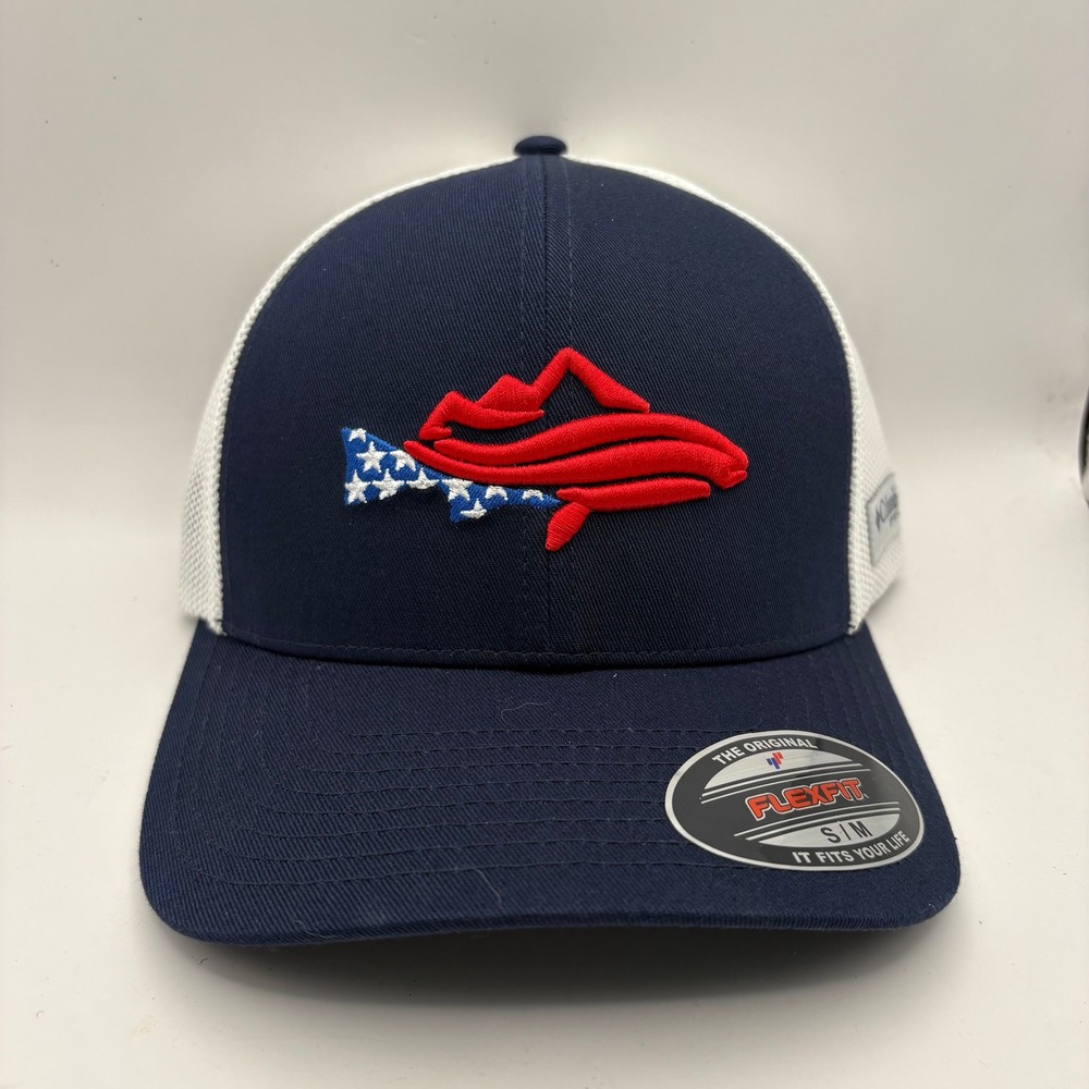 Columbia PFG Icon Mesh Ball Cap Navy Blue Red Fish Flexfit Hat CU2438-464 SM
